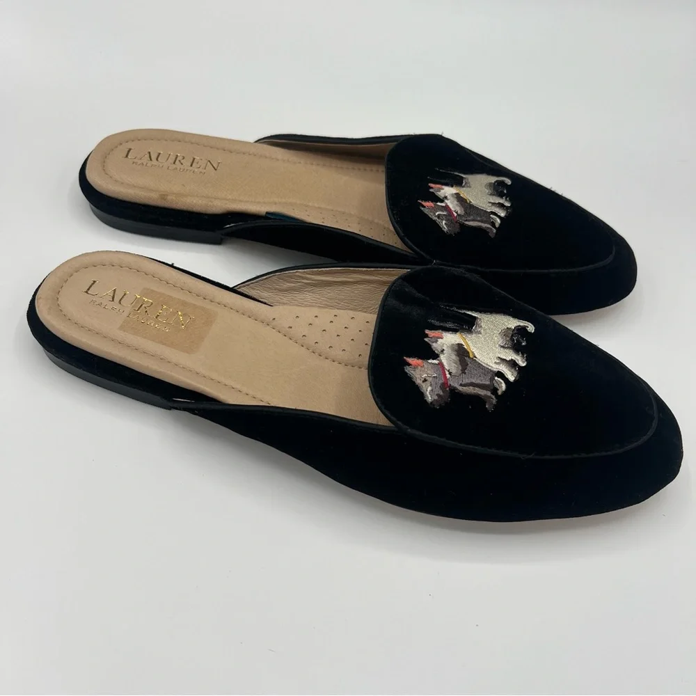 Ralph Lauren Black Velvet Loafers Scottish Terrier Dog Embroidery 10 New Mules - Picture 2 of 6